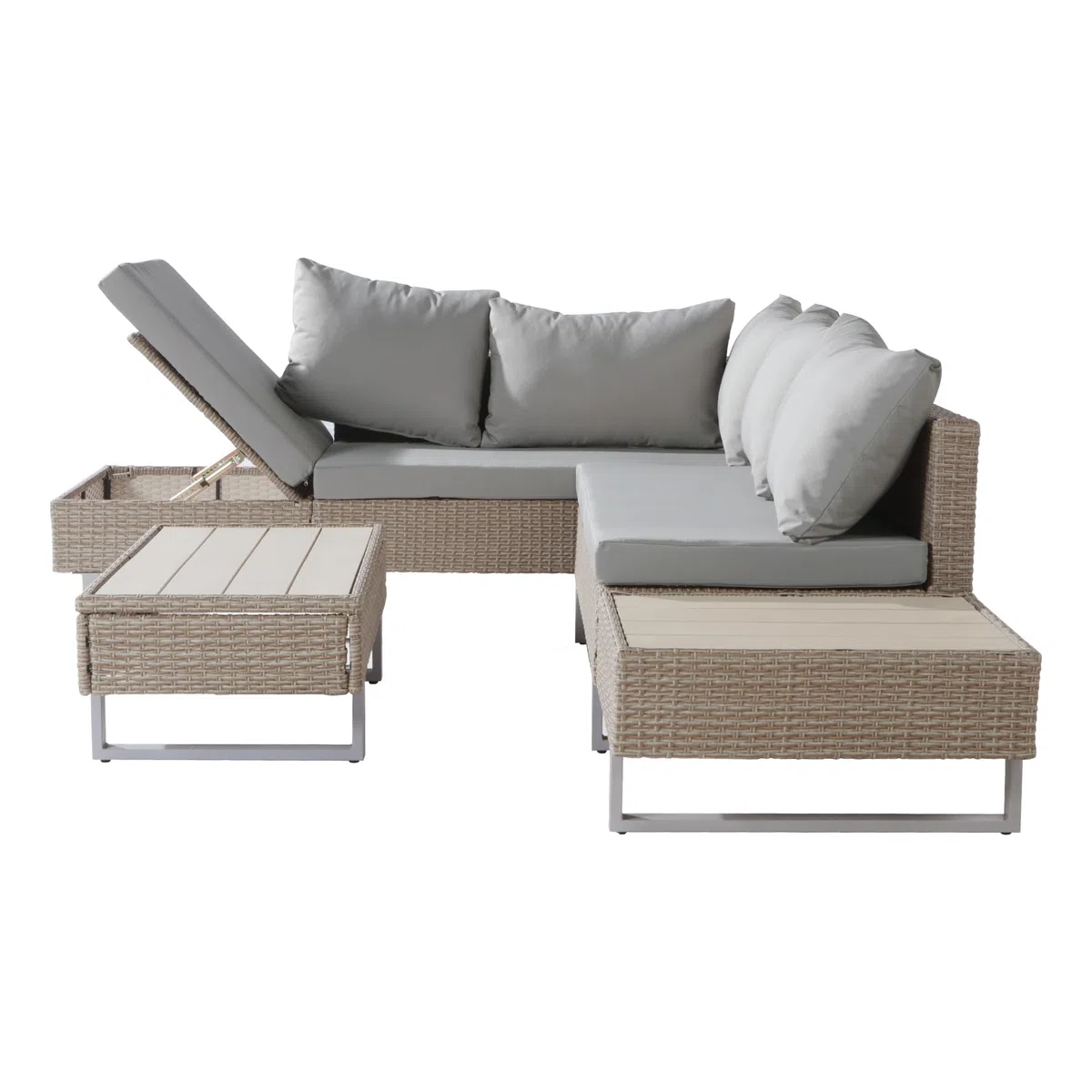 Rtopsu Set di Divani da Giardino in Polyrattan per 5 Persone, Mobili da Giardino Lounge Balcone Mobili da Patio con Divano Angolare Tavolo in Cuscini per Patio Giardino Balcone, Kaki