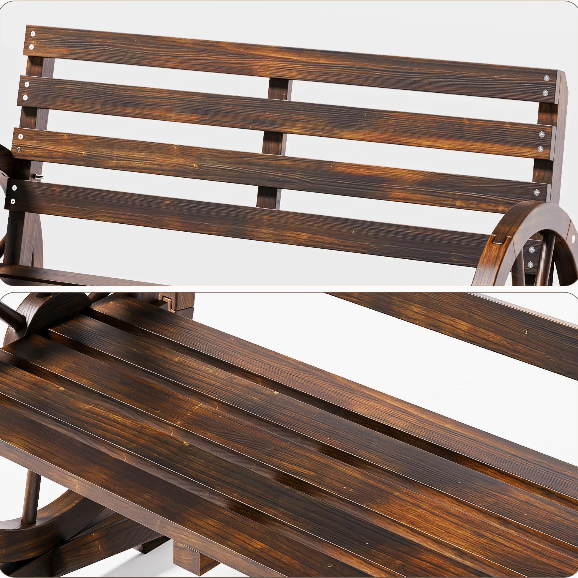 Panca da esterno a 2 posti, resistente alle intemperie, con braccioli a forma di ruota, in legno con schienale, in stile country, per patio, giardino, parco, 105.5 x 56 x 79 cm.