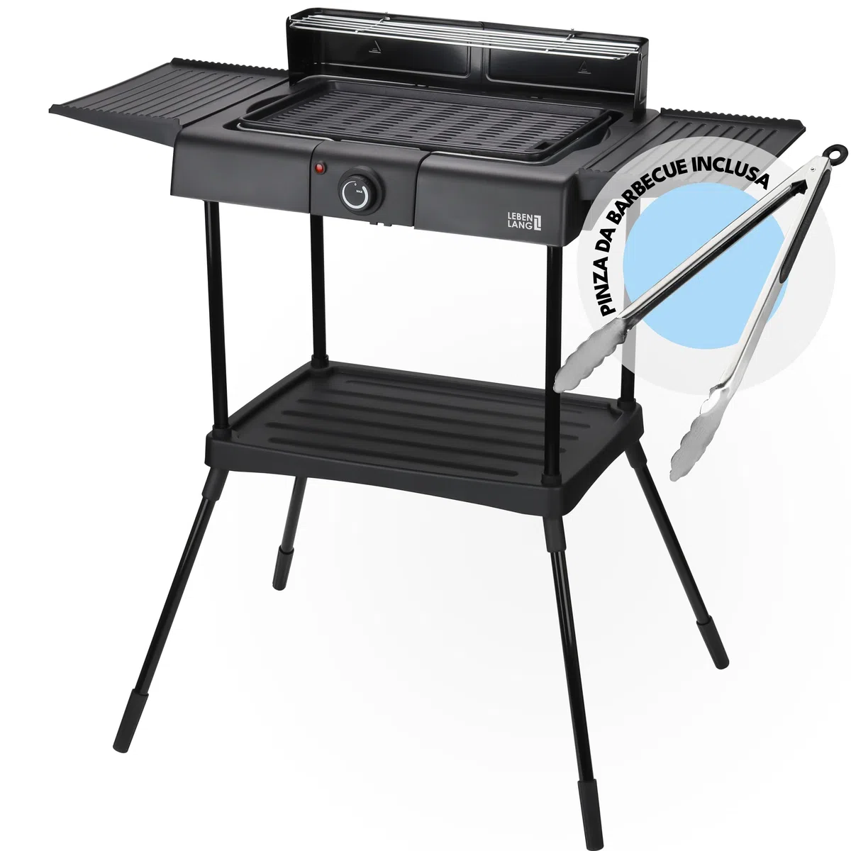 LEBENLANG 2in1 Griglia Elettrica Barbecue Elettrico - Incluso supporto & pinze per grigliare I Grill Elettrico Barbecue Elettrico da Esterno I BBQ Grande con Piedi da Balcone Graticola Arrosticini XXL