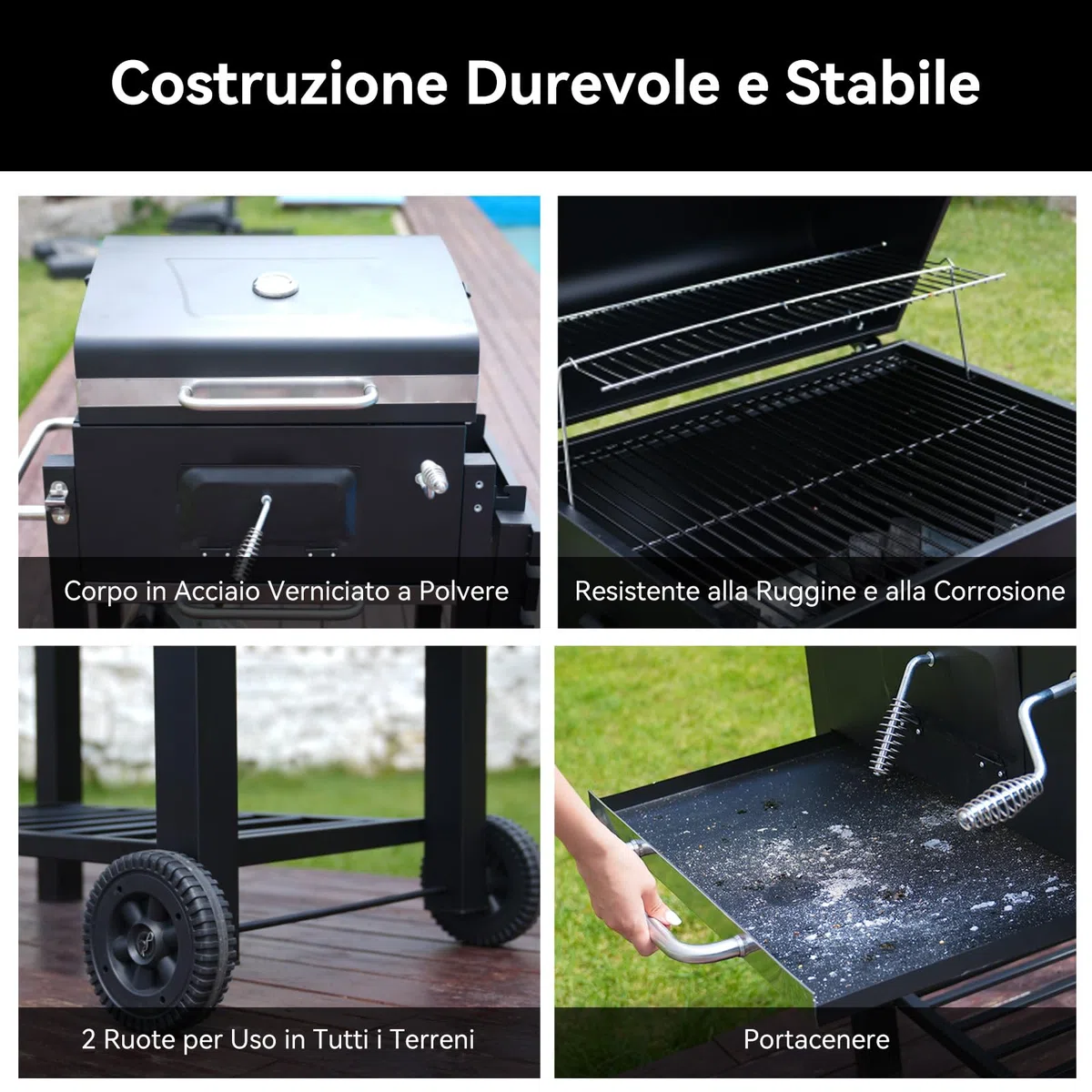 Barbecue a Carbonella, Barbecue con Coperchio, Superficie Cottura: 56×42,5 cm, Vassoio Carbone Regolabile in Altezza, Tavolino Laterale Pieghevole, Con Copertura Barbecue da Esterno