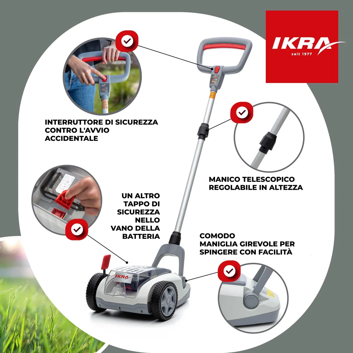IKRA tosaerba a una mano ICHM 20 con funzione mulching, per prati di piccole 50 m², incl. batteria e caricabatteria