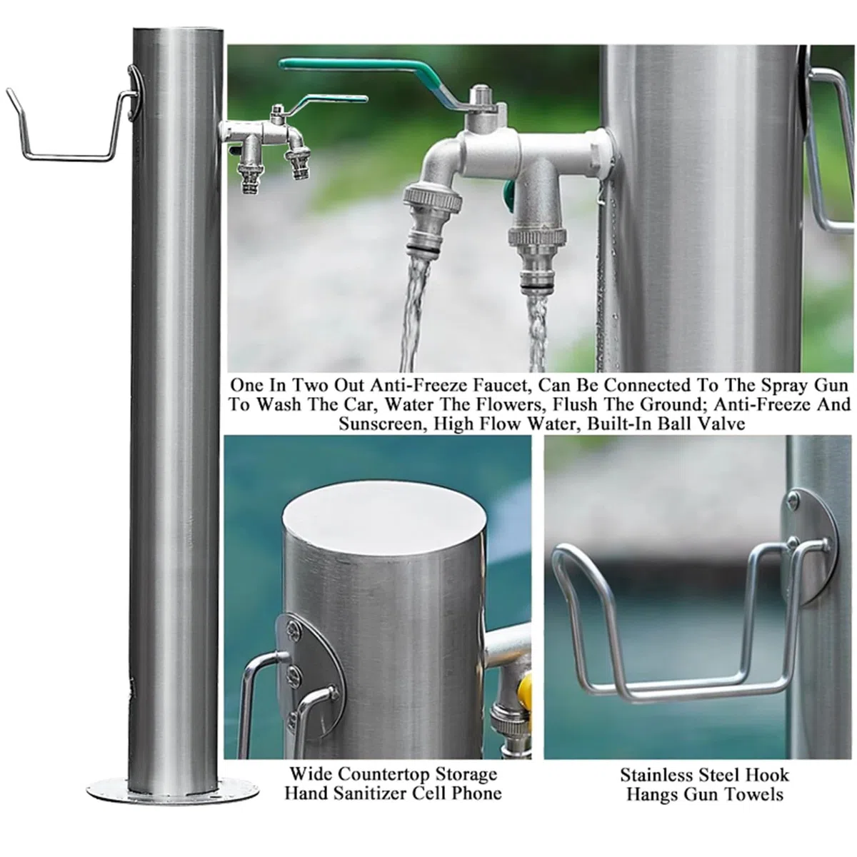 Fontana da Giardino Esterno con Struttura a Colonna con Staffa per Appendere Il Tubo e Doppio Rubinetto, Fontanella a Colonna In Acciaio Inox 86cm
