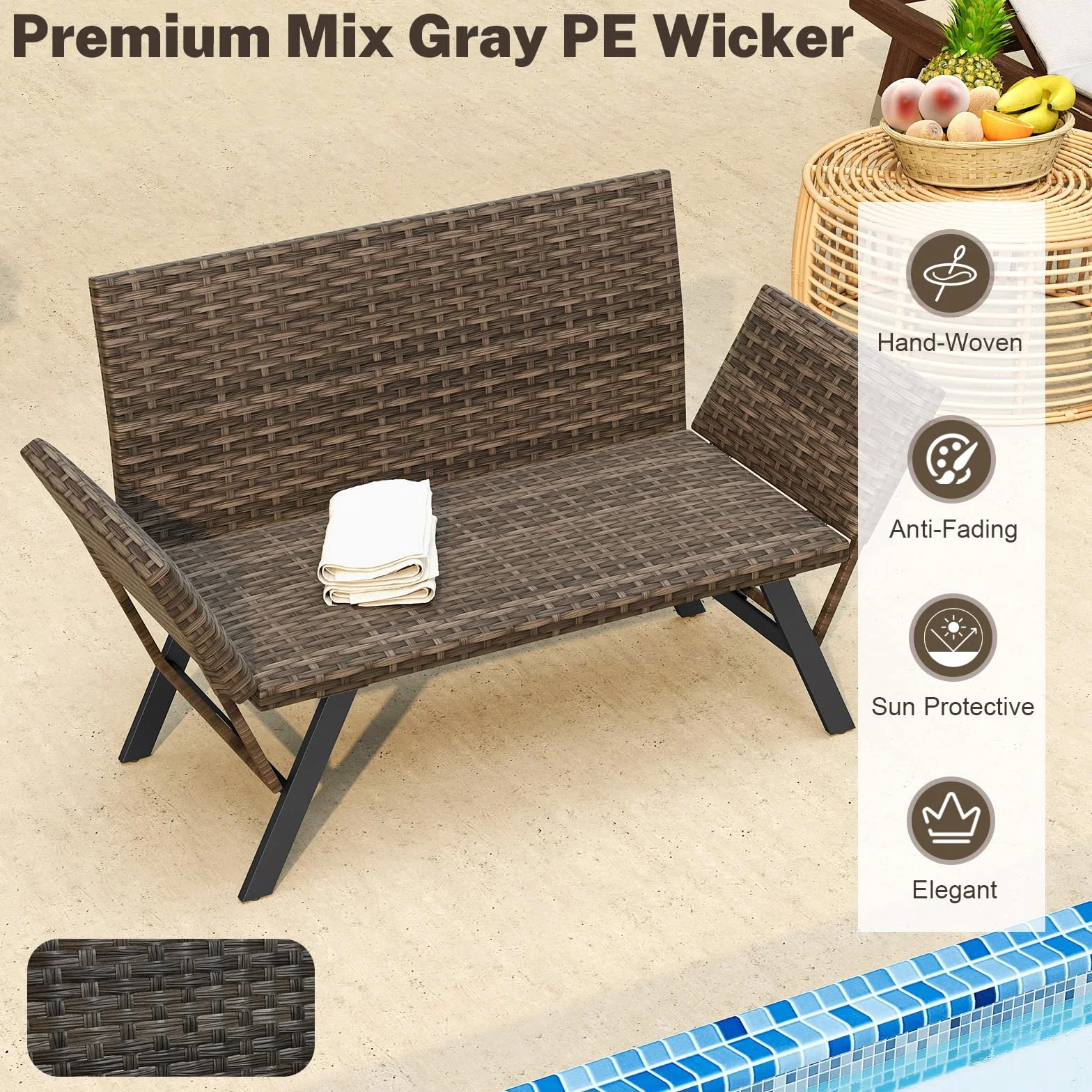 GIANTEX Divano da giardino in rattan a 2 posti, panca convertibile da esterno con braccioli regolabili, design intrecciato, lunghezza 163-178 cm, carico 300 kg, lettino da giardino per terrazza