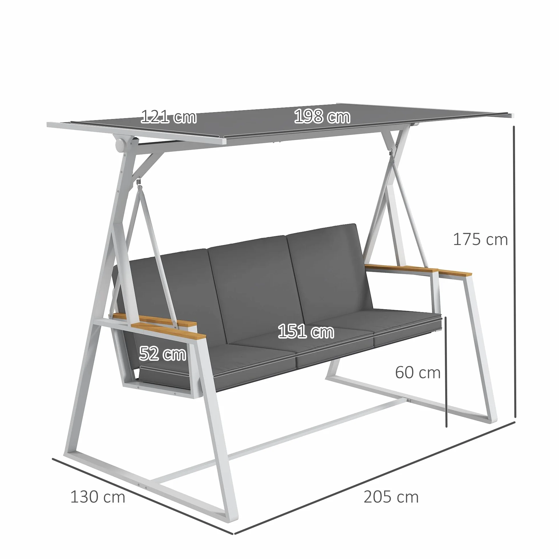 Outsunny Dondolo 3 Posti con Tettuccio Inclinabile e Cuscini, Dondolo da Giardino in Acciaio con Seduta Traspirante, 205x130x175 cm, Grigio Scuro