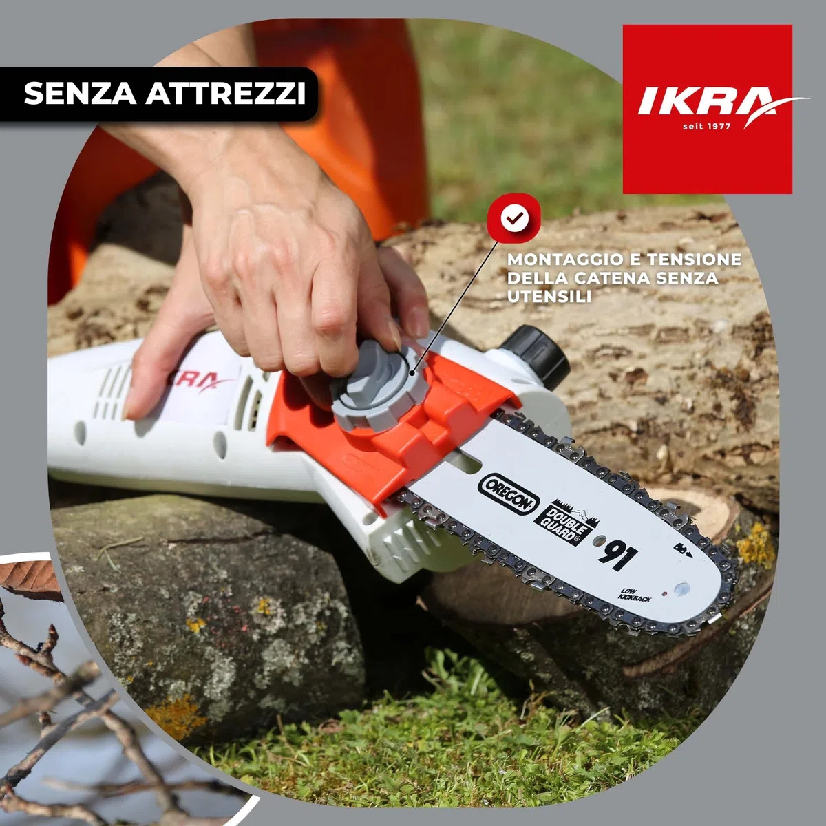 IKRA potatore telescopico elettrico IEAS 750, lunghezza di taglio 185 mm, con tracolla inclusa