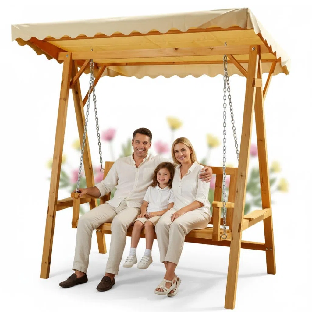 Panca a dondolo stile Hollywood, da giardino, in legno, con tettino incluso – Colore beige