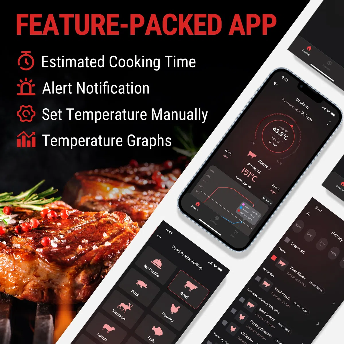 ThermoPro TempPro Termometro Bluetooth Fino a 150 M Cucina Barbecue Professionale Termometro Alimenti Carne Ricaricabile Termometri APP Compatibile con iPhone Android per Grigliare