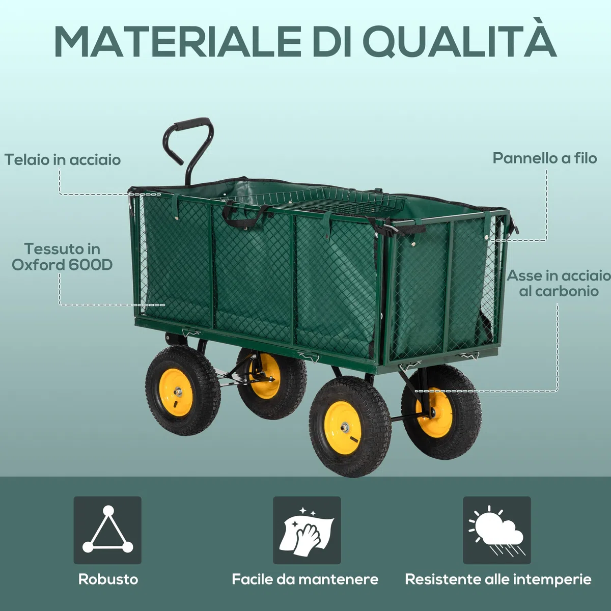 Outsunny Carrello da Giardino 342L con Maniglia Pareti Laterali Ribaltabili e 4 Ruote, 138x57x84cm, Verde