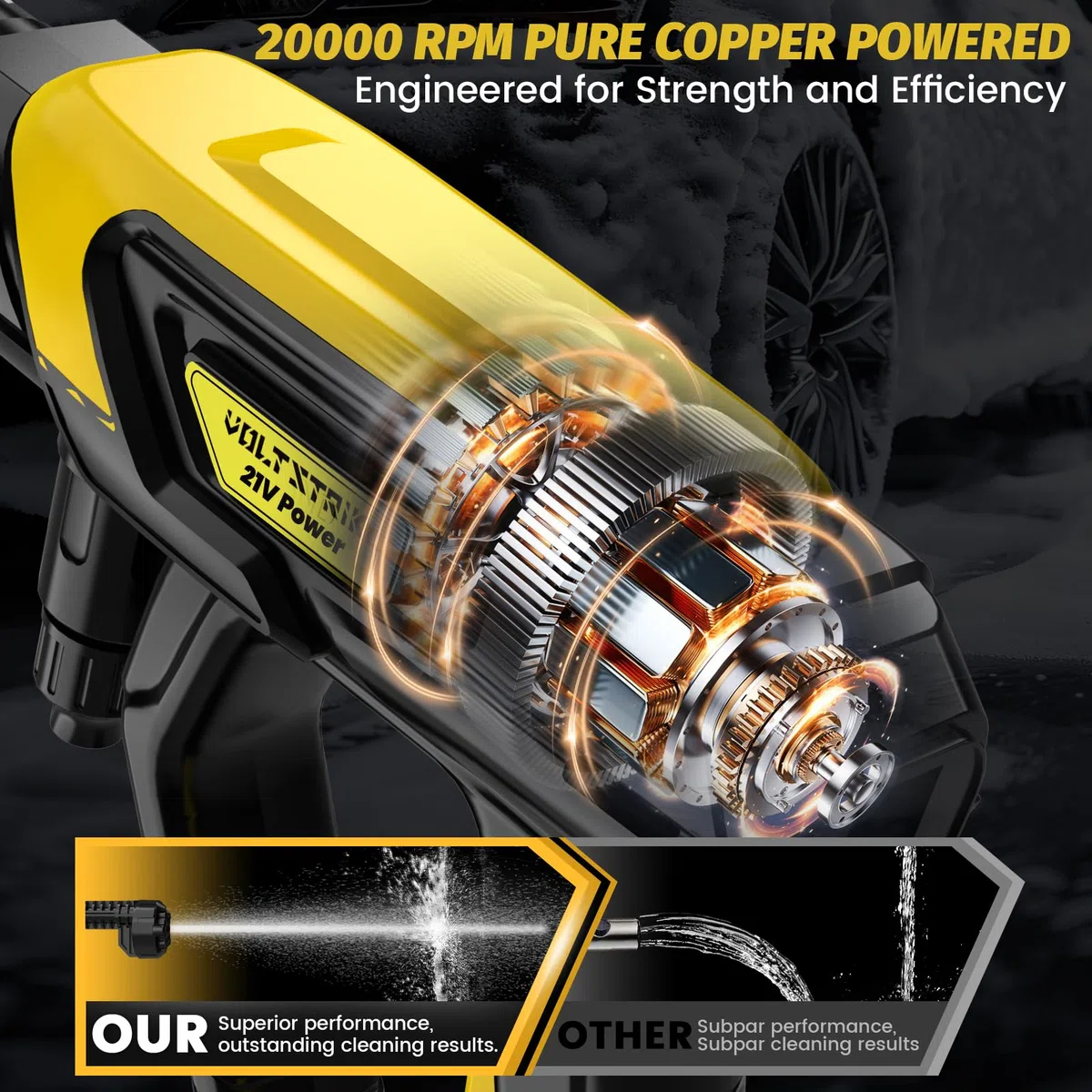 Idropulitrice a Batteria, VOLTSTRIKE, Idropulitrice a Batteria con Ugello Multifunzione 6-in-1, Pressione Massima 120Bar, Idropulitrice a Batteria con 2x4.0Ah, Tubo da 5m per Lavaggio Auto, Finestre