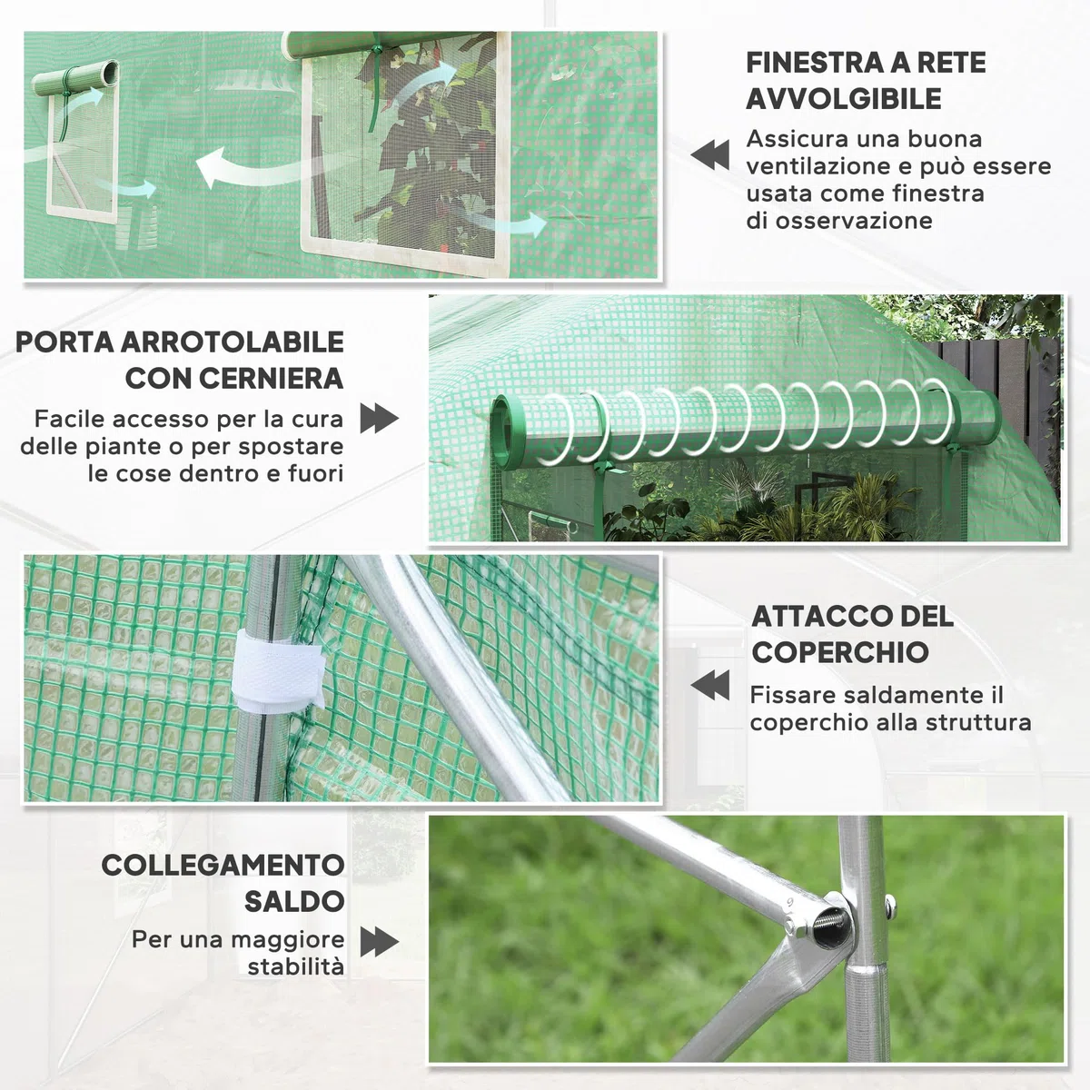 Outsunny Serra da Giardino a Tunnel 4x2x2 m con Porte Avvolgibili e 6 Finestre, Serra per Orto con Tetto a Spiovente, Struttura in Metallo e Copertura PE, per Orto Verdure Fiori Frutta, Verde