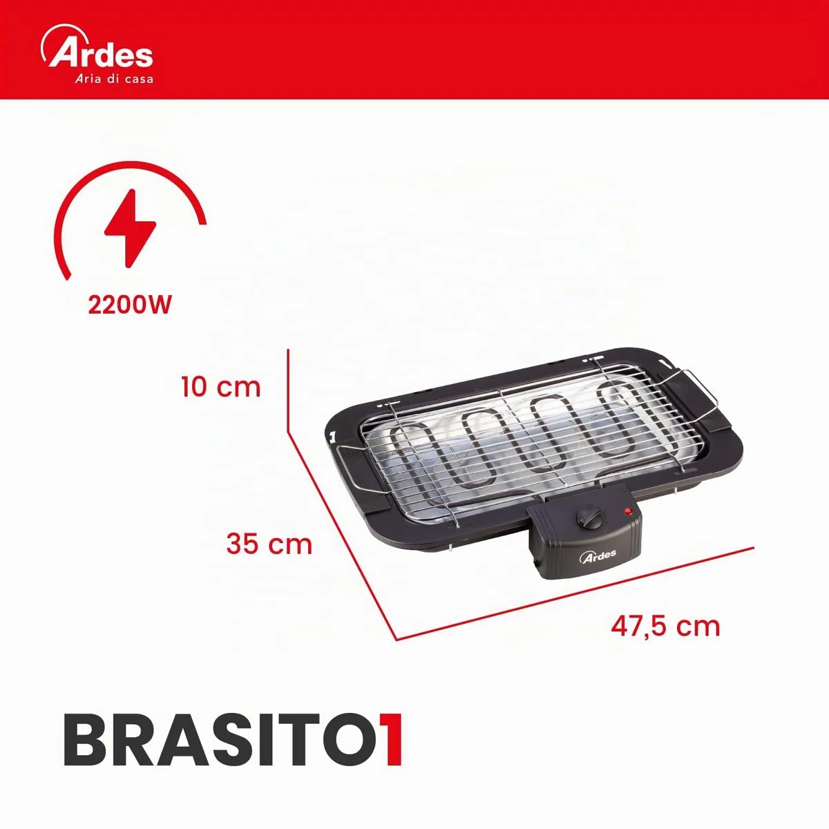 Ardes BRASITO1 Barbecue Elettrico senza Fumo 2200 W con Griglia Rimovibile, Vaschetta per Acqua e Termostato Regolabile, Ideale per Interni ed Esterni