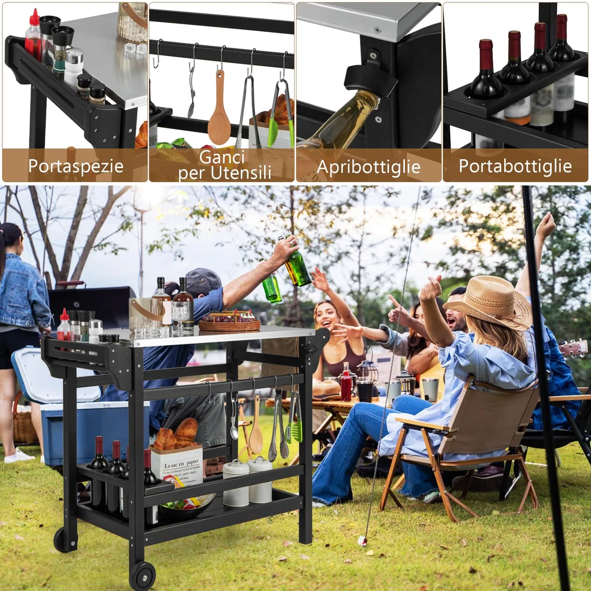 COSTWAY Carrello Barbecue da Esterno, Stand per Forno a Pizza con Piano in Acciaio Inox Vassoio e Portabottiglie, con Maniglia e Ruote per Cucina Giardino, Carico 150kg, 105x54x85 cm