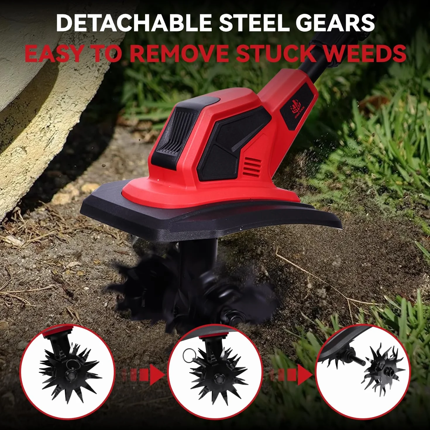 ONEVAN Motozappa Elettrica, 550W Motozappa a Batteria, Larghezza 23 cm e Profondità 16 cm, 2 batterie da 4,0 Ah, Impugnatura Regolabile, Zappatrice Elettrica, per Giardinaggio e Coltivate