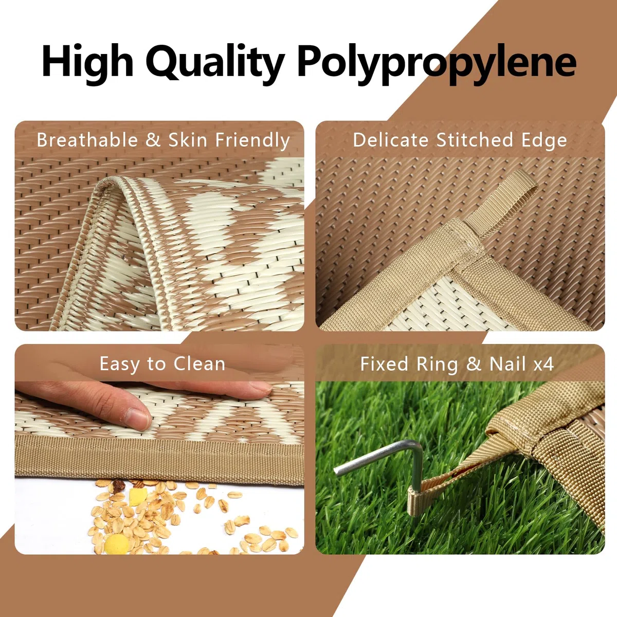 Famibay Tappeto da Esterno Resistente alle Intemperie 270x365cm Reversibile per Campeggio Tappeto da Esterno Impermeabile Beige Marrone in Plastica Ribaltabile Leggero Tappeto da Esterno per Terrazza