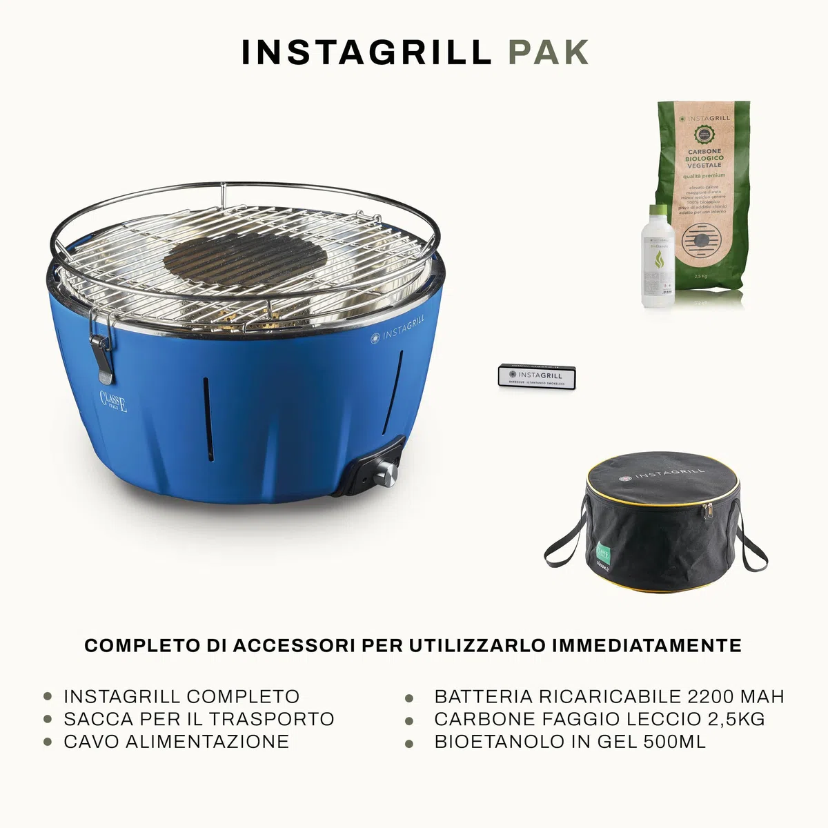 Classe Italy | Grill a Carbonella senza fumo, da Tavolo, da Balcone, Portatile. Include Batteria Ricaricabile, Carbone e Gel per accensione, in soli 5 minuti. Barbecue da Campeggio. PAK Blu Oceano