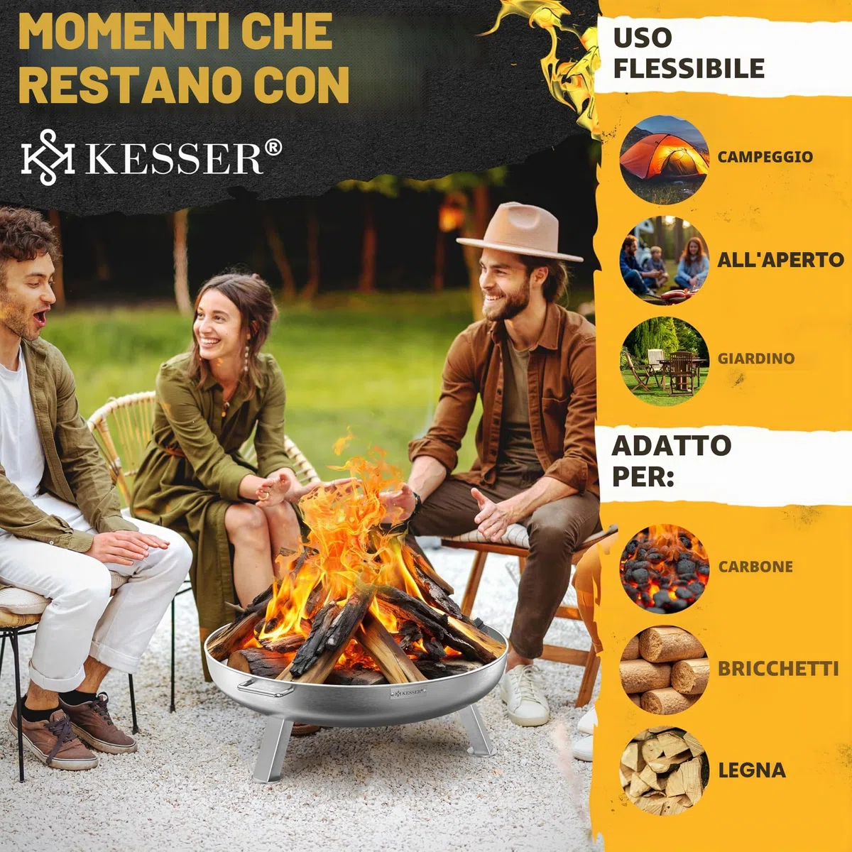 KESSER Braciere da 2,5 mm di spessore, in acciaio legato, Ø 80 cm, braciere con gancio da 42 cm, scarico dell'acqua in ghisa e 2 maniglie stabili, braciere per camino in legno e carbone, per giardino