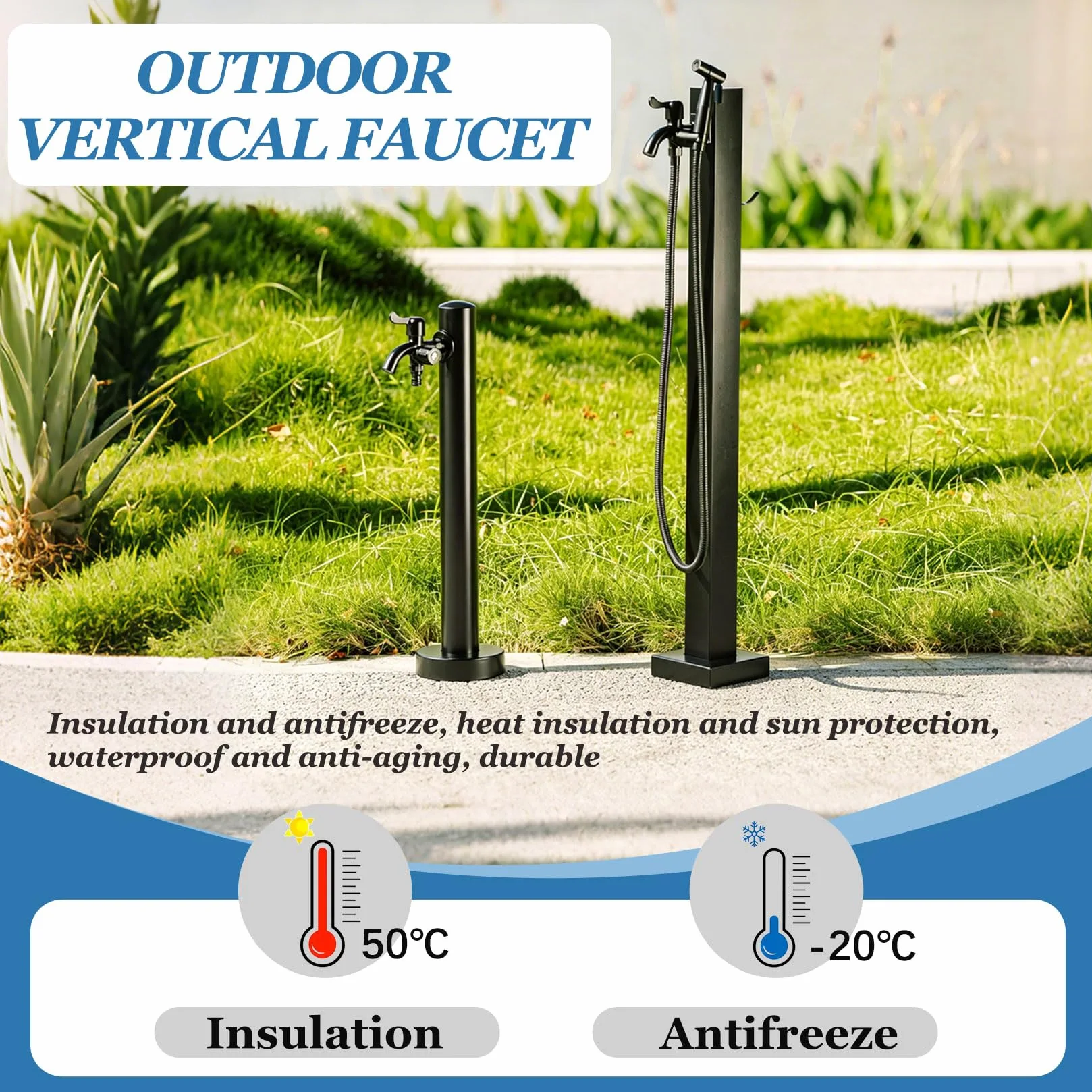 Colonna del Rubinetto da Giardino in Acciaio Inossidabile 304,Colonna d'acqua giardino,Fontana d'Acqua Indipendente,Rubinetto Antigelo da Esterno, Fontana a Pavimento 60cm Nero A