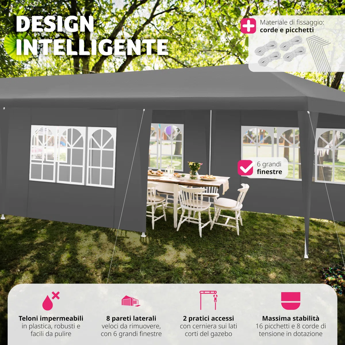 tectake® Tendone per Feste, Padiglione Gazebo Esterno Resistente con 8 Pezzi Laterali, Gazebo da Esterno con Finestre, Impermeabile, Resistente ai Raggi UV, 900 x 300 x 250 cm - Grigio