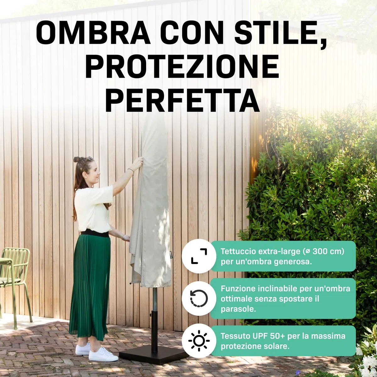VONROC Ombrellone da giardino Rapallo 200x300 cm con Inclinazione Regolabile, UPF 50+, Manovella Facile e Copertura Protettiva Inclusa Nero