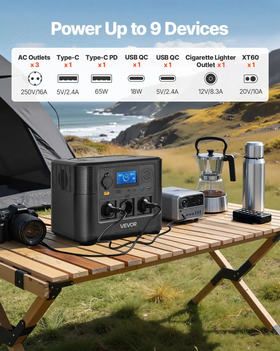 VEVOR Centrale Elettrica Portatile Generatore Solare 1200 W Stazione Elettrica Batteria di Backup LiFePO4 806 Wh con 9 Porte di Uscita per Campeggio Viaggio Emergenza, Pannello Solare Non Incluso