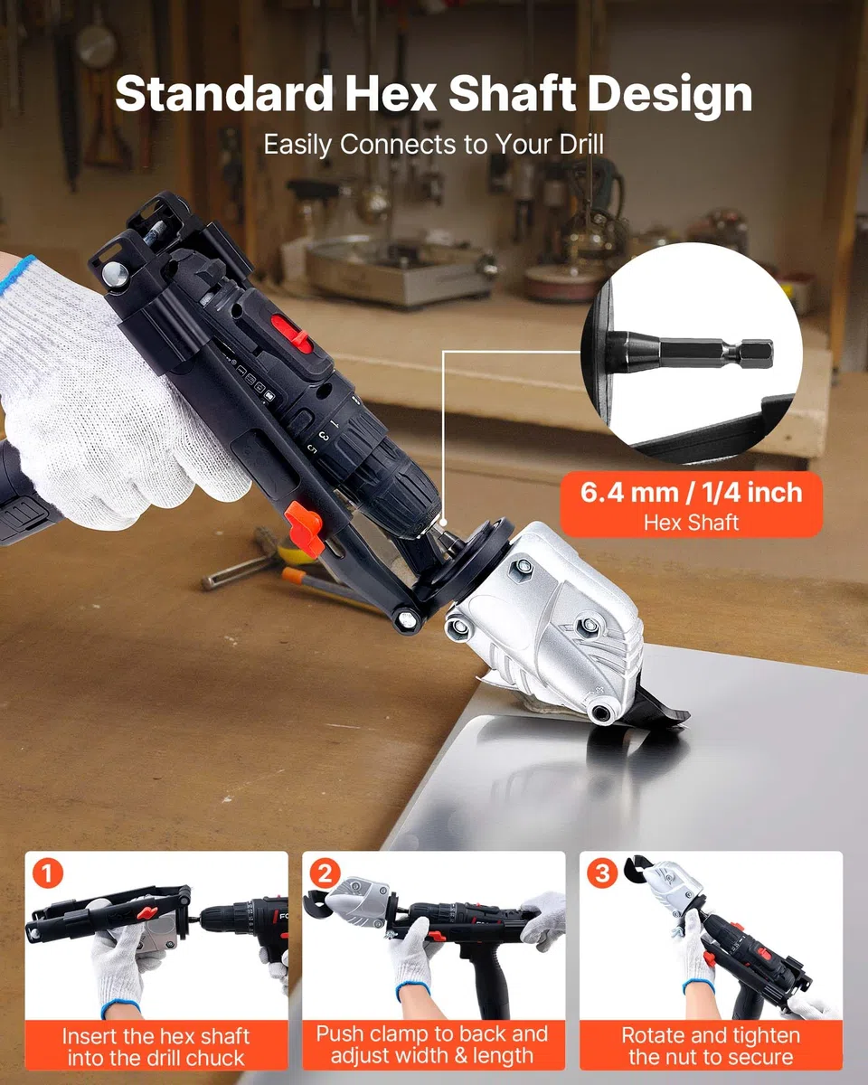 VEVOR Accessorio per Trapano Cesoia per Metallo, Taglierina per Lamiera con Testa Girevole a 360 Gradi, Lame Affilate, per Acciaio Zincato, Acciaio Inox, Lamiera di Alluminio, Plastica, Cartone
