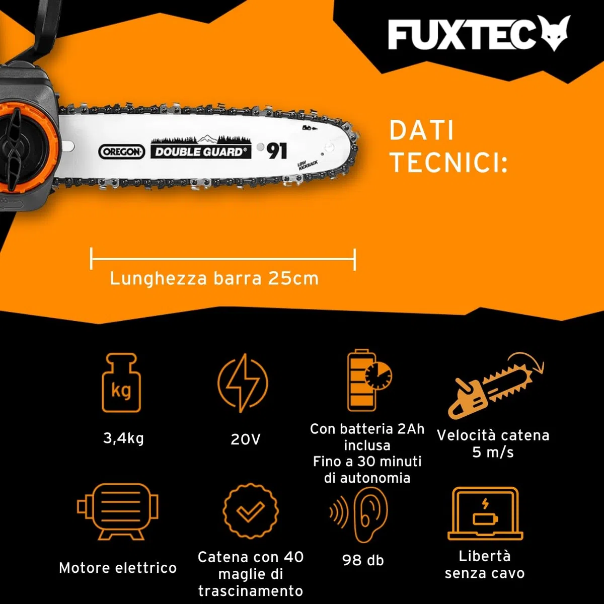 Motosega a batteria 20V FUXTEC FX-E1KS20 – con batteria e caricatore – lunghezza di taglio 24 cm (10 pollici) velocità della catena di 5m/s – leggera e compatta