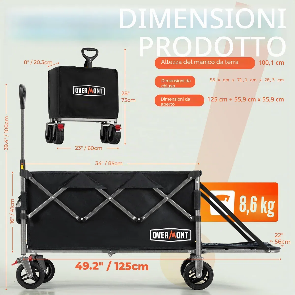 OVERMONT Carrello da Giardino Pieghevole - 200 L/136KG Carrelli da Trasporto Extra Lungo - Carrello da Campeggio Pieghevole con Grandi Ruote per Tutti i Terreni - con Tasca Laterale e 2 Freni