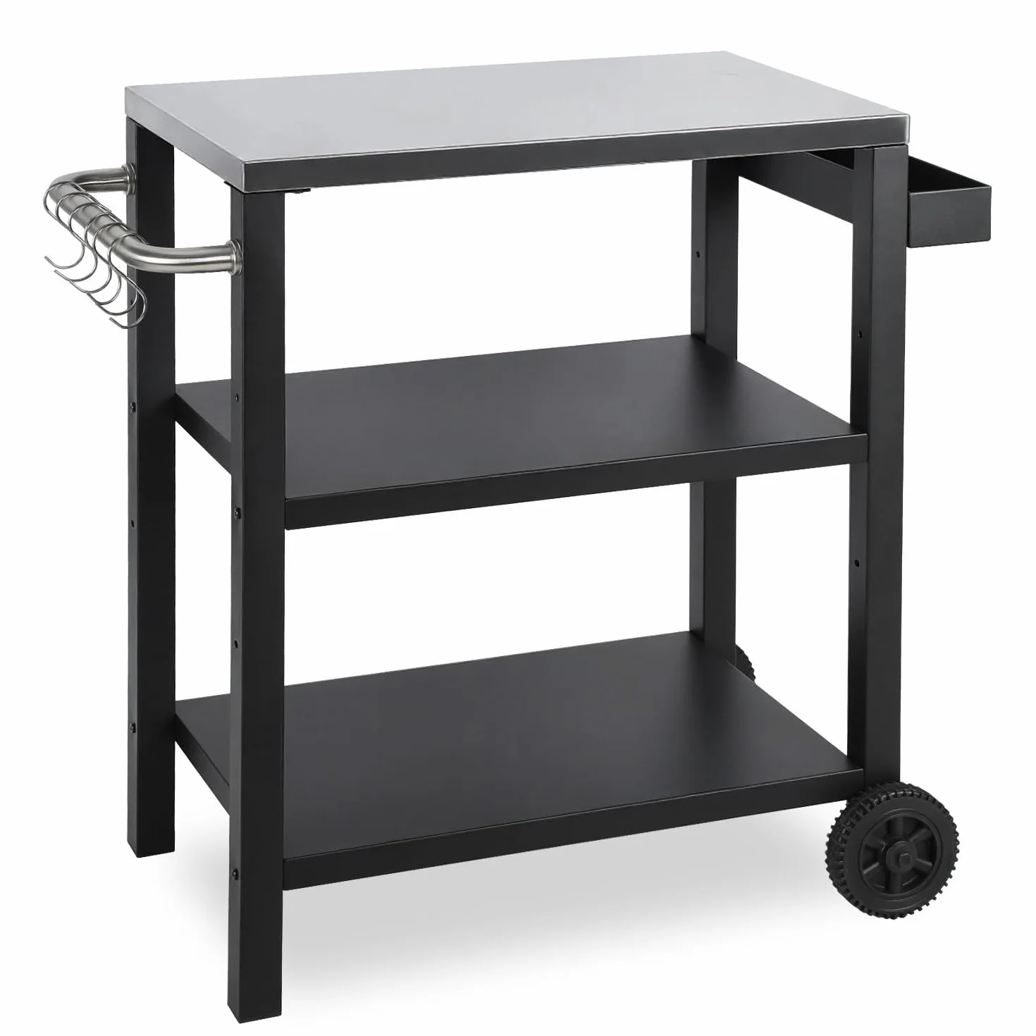 Carrello per Barbecue Regolabile in Altezza, Tavolo da Barbecue con 3 Ripiani, 6 Ganci, Maniglia & Portaspezie, Carrello da Servizio con Ruote per Cucina all'aperto, Piano in Acciaio Inox per