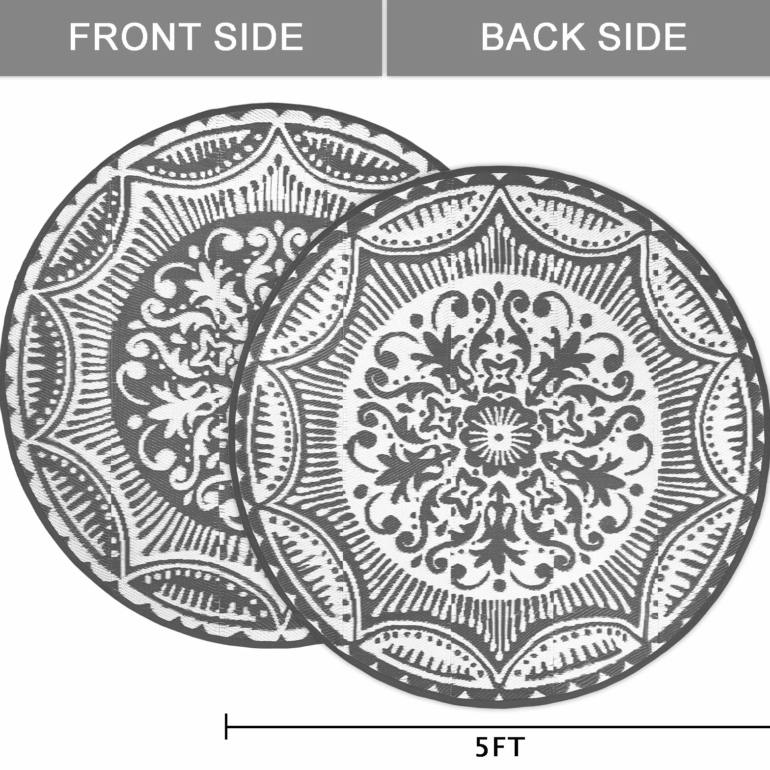 Capslpad Tappeto rotondo per esterni, diametro 150 cm, tappeto da balcone, in plastica, leggero, da picnic, per esterni, per balcone, picnic, campeggio, giardino, grigio