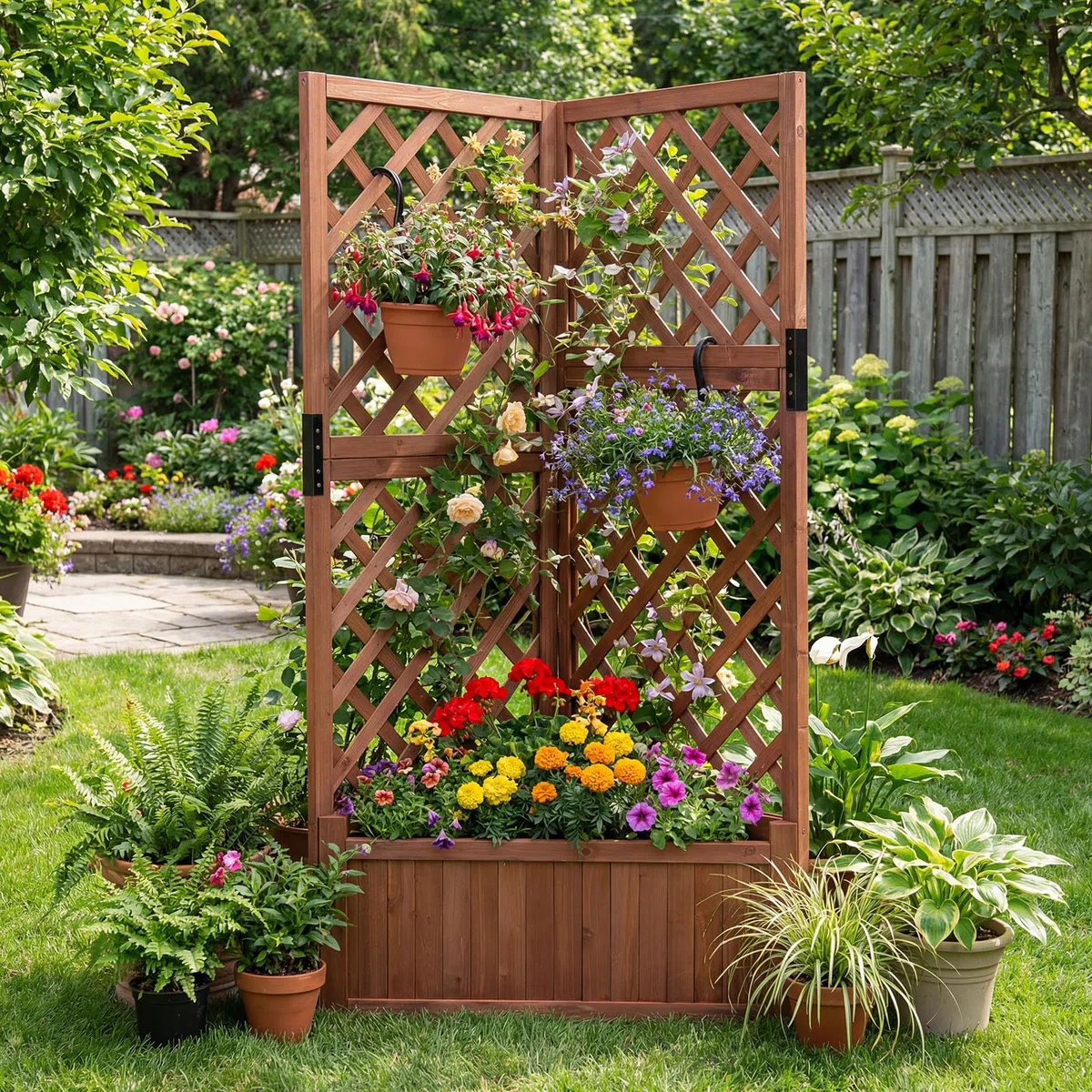 HOMASIS Fioriera con Grigliato per Rampicanti, Letto Rialzato in Legno con Vaso Angolare e Foro di Drenaggio, Fioriera da Esterno per Piante Rampicanti da Balcone, Giardino e Terrazza (Marrone)