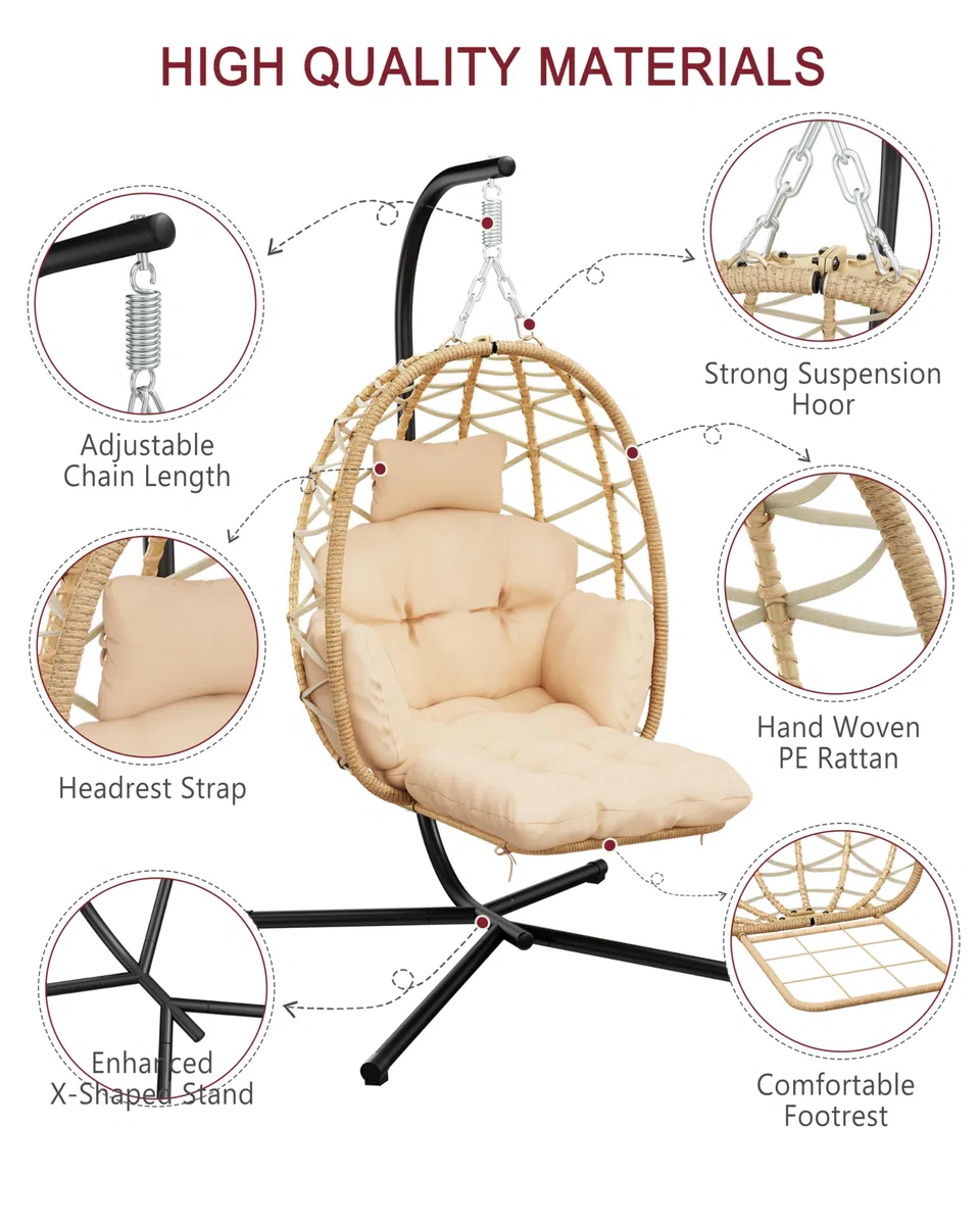 Poltrona sospesa con telaio, poggiapiedi, poltrona sospesa, in rattan per esterni e interni, altalena sospesa per giardino, terrazza, cameretta dei bambini, angolo lettura, fino a 150 kg