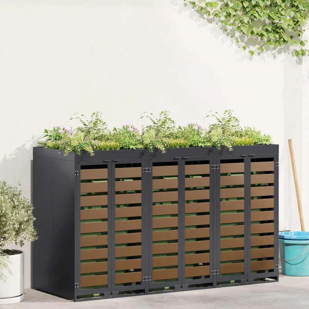 Copribidoni per 3 Bidoni di Spazzatura Contenitori Pattumiera Cassonetti Rifiuti 240 L Box in Acciaio Antracite/Aspetto Larice Coperchio Bidone Resistente 3 Porte