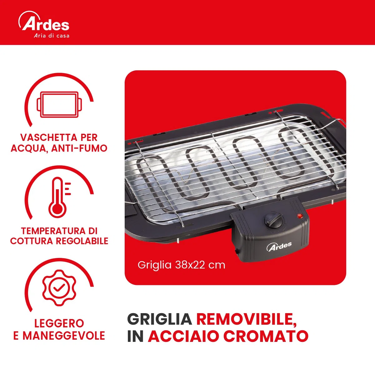 Ardes BRASITO1 Barbecue Elettrico senza Fumo 2200 W con Griglia Rimovibile, Vaschetta per Acqua e Termostato Regolabile, Ideale per Interni ed Esterni