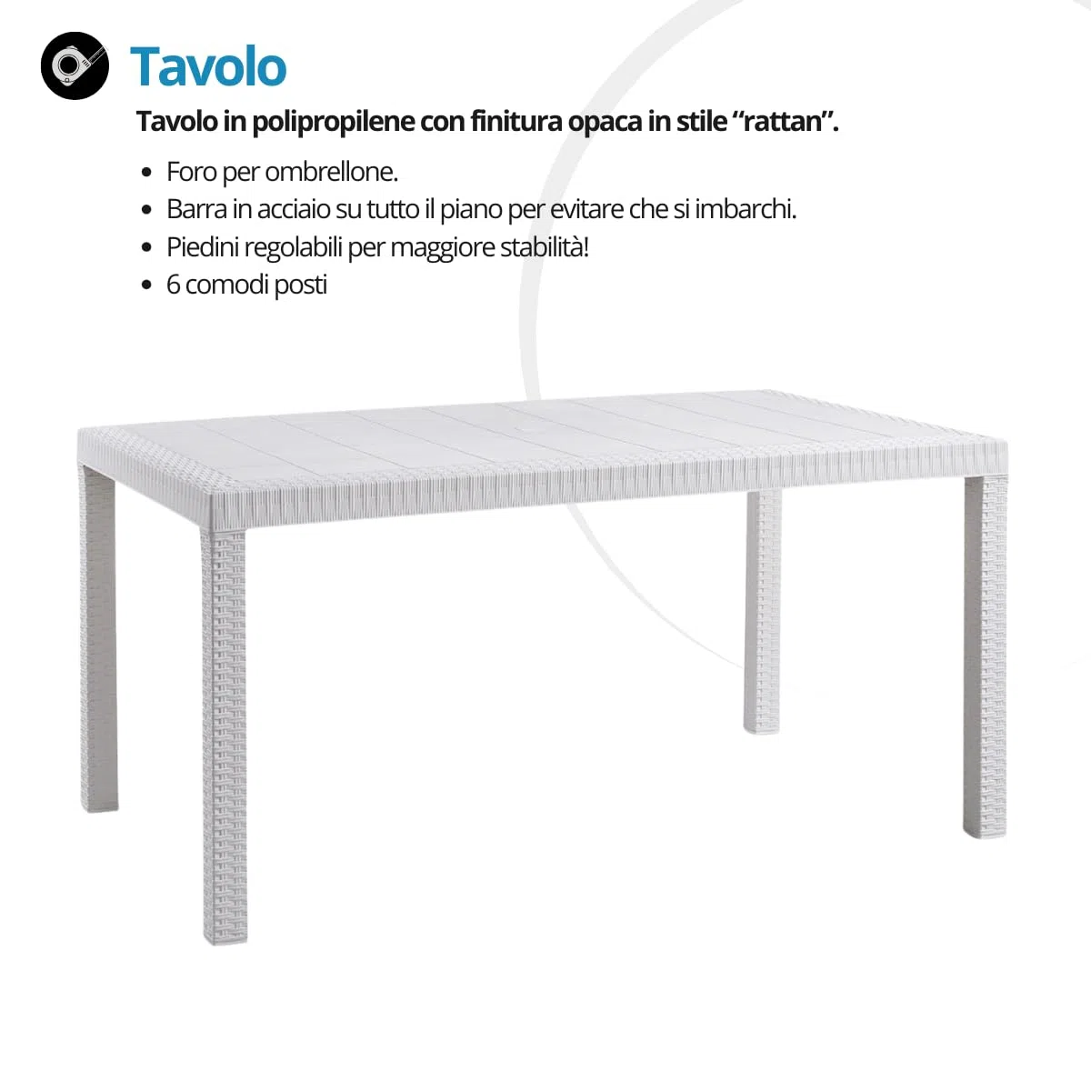 Tomaino - Set Tavolo e 6 Sedie Da Giardino In Plastica - Sedia e Tavolo Per Esterno Da Pranzo 6 Posti Rettangolare Effetto Rattan 150x90x74h cm (Bianco)