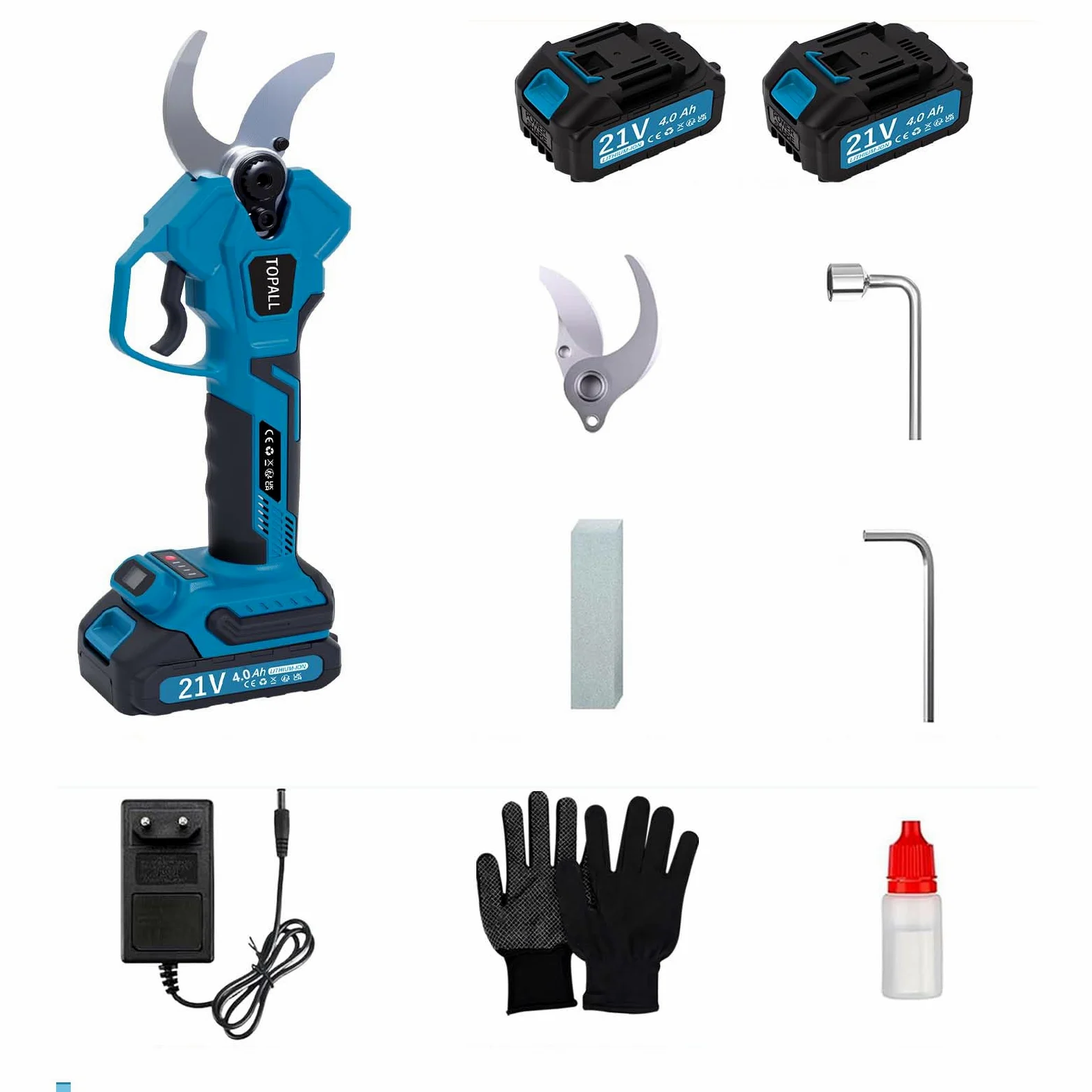 TOPALL Forbici Potatura a Batteria,40MM Forbice Potatura Elettriche Cesoie con 2 * 4000mAh Batteria | 800W Motore Senza Spazzole | Schermo LCD | Forbici Elettriche per Jardinage Pruning