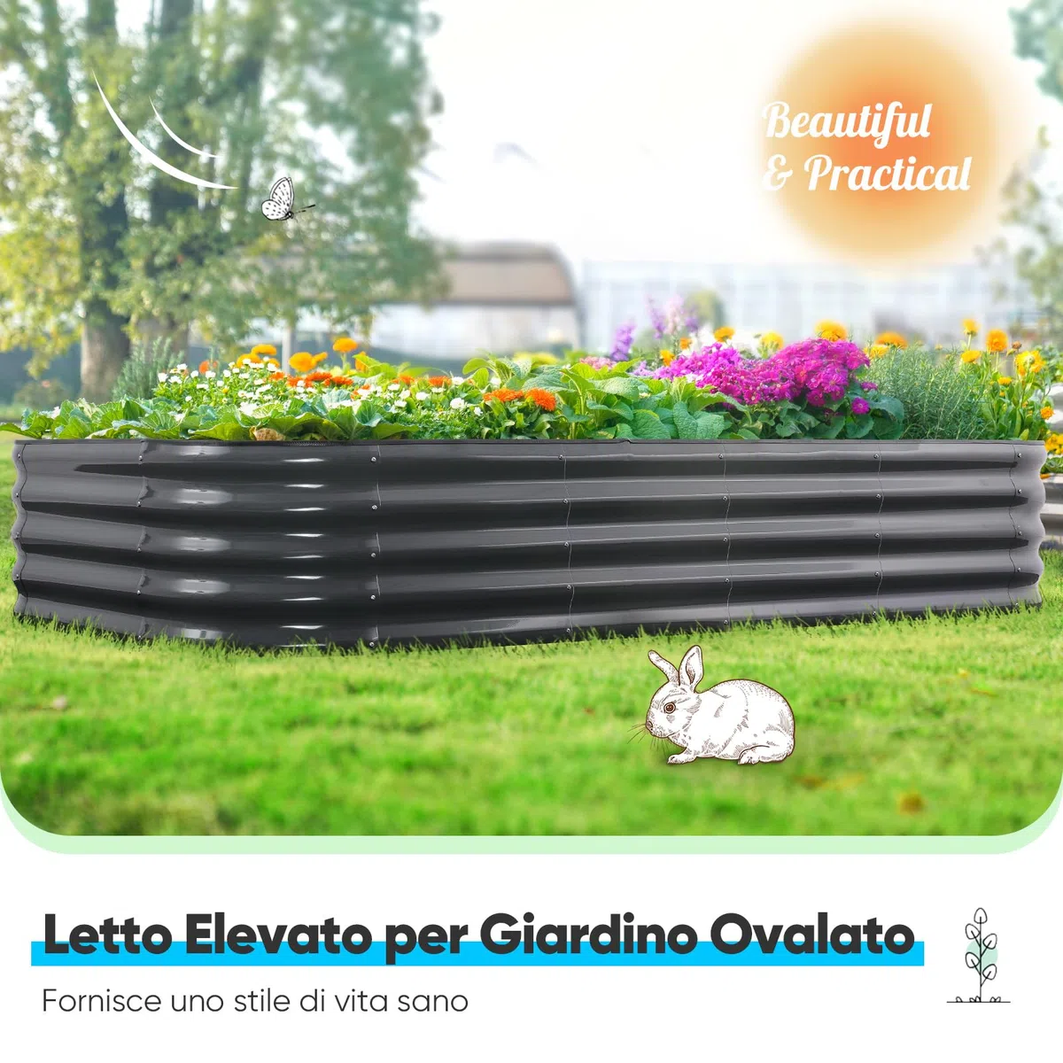 Quictent Kit di Orto RiAlzato Galvanizzato, Fioriera Ovalata in Metallo per Verdure all'Aperto e Giardino, 180x90x45cm