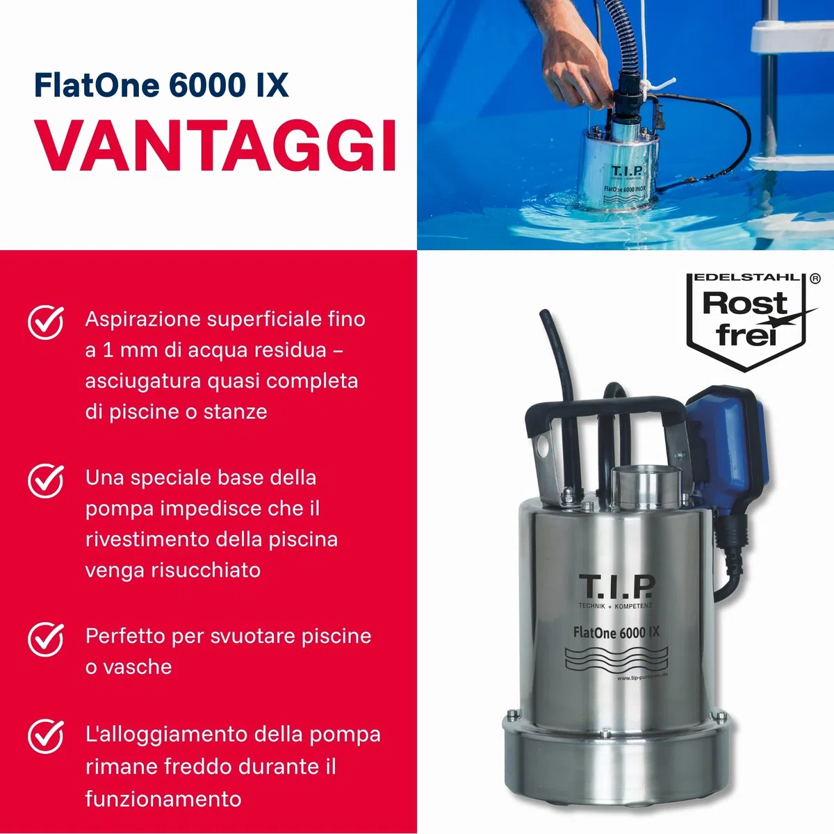 T.I.P. 30440 FlatOne 6000 INOX Pompa di dreggio e per piscine, aspirazione fino a 1 mm, portata fino a 6000 l/h, 22,5 x 16,5 x 27 cm