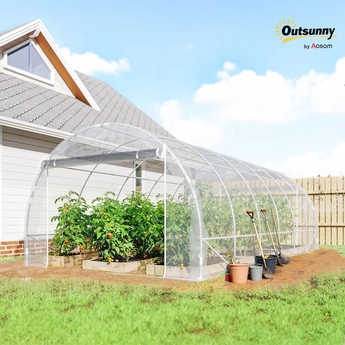 Outsunny Serra da Giardino a Tunnel 3x6x2 m con 2 Porte Avvolgibili, Serra per Orto con 4 Rinforzi Diagonali, Struttura in Acciaio e Copertura PE, per Orto Verdure Fiori Frutta, Anti UV, Trasparente
