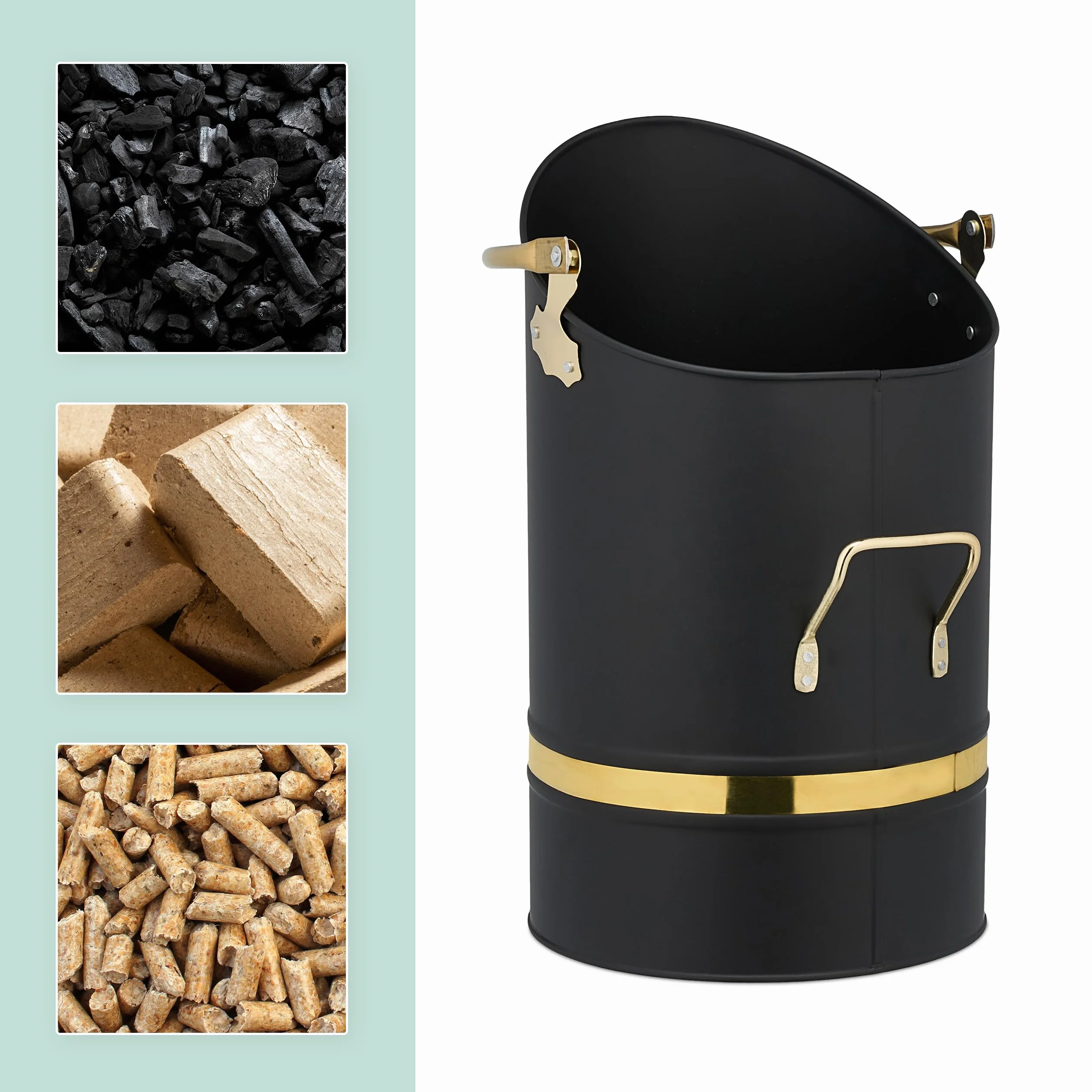 Relaxdays Contenitore Porta Carbone da Camino, Secchio Pellet Caminetto, Secchiello Portacenere da 12 L, Ferro, Nero Oro