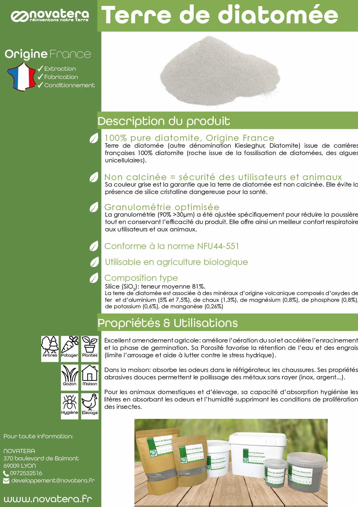 NOVATERA - 100% farina fossile naturale non calcinata, secchio 2,5 kg, estratta e prodotta in Francia, ultrapura, ECOCERT Agricoltura Biologica, protezione ecologica, disponibile da 0,3 a 25 kg