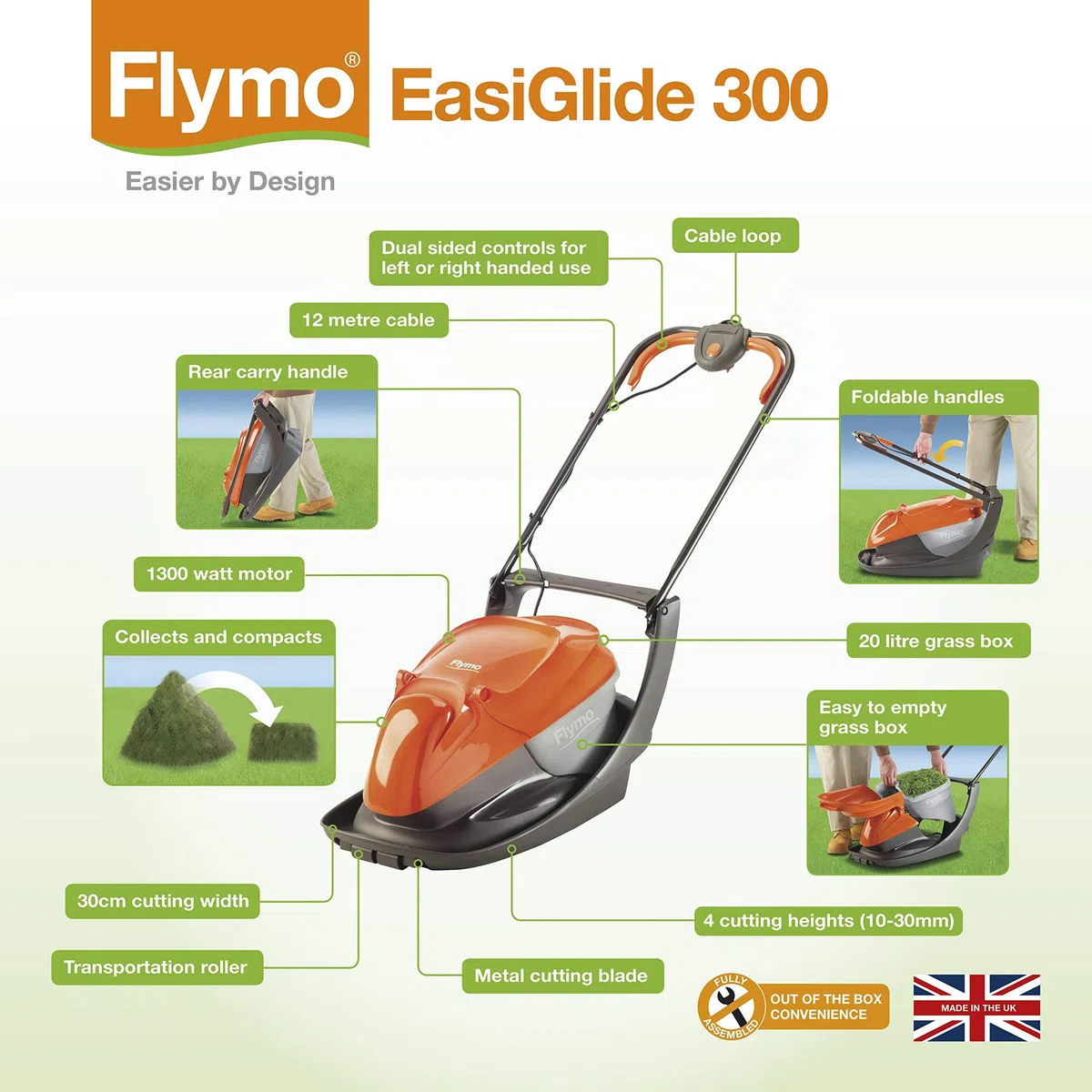 Flymo EasiGlide Tosaerba a cuscino d’aria, trinciaerba elettrico con contenitore raccoglierba, 9664523-01