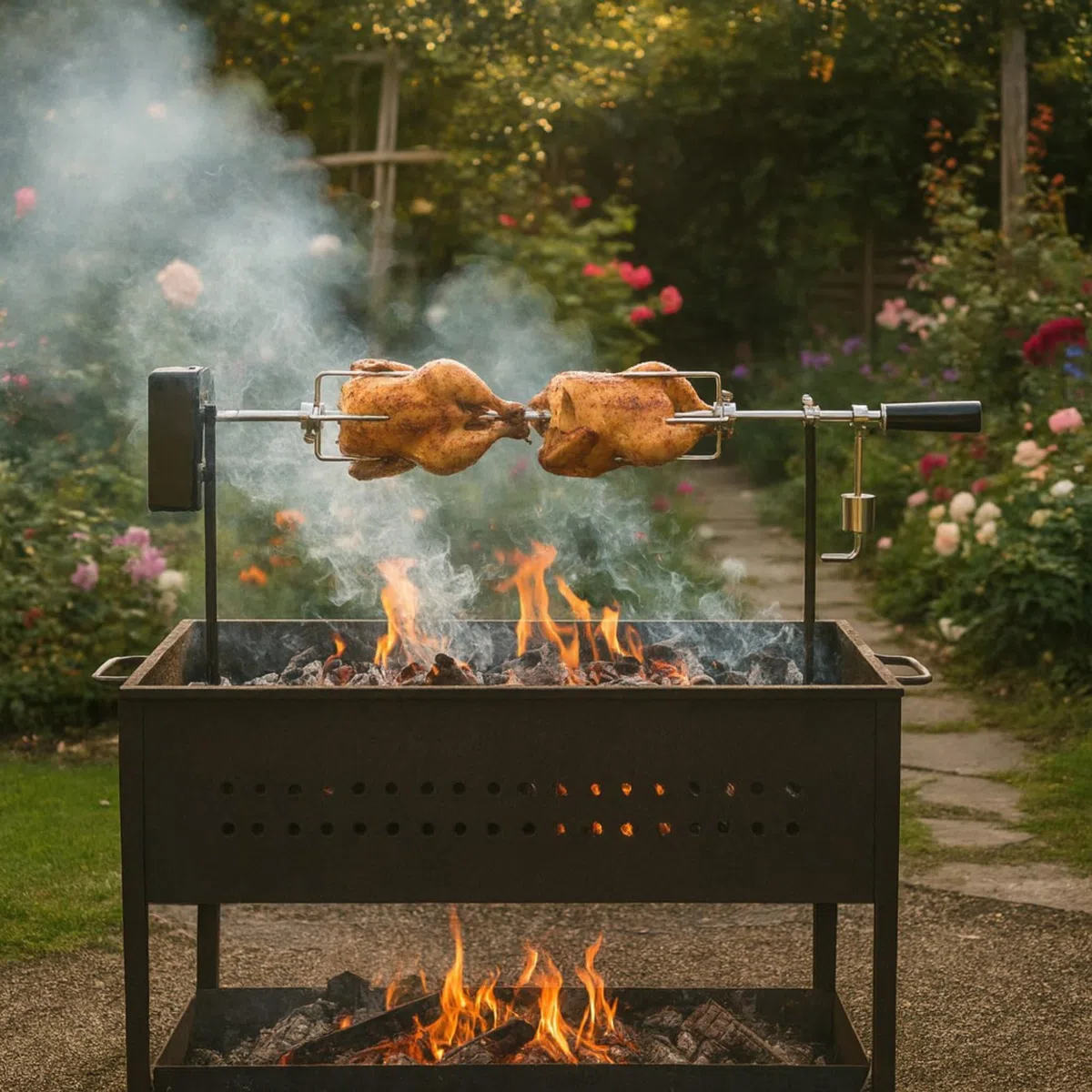 BBQ-TORO Set spiedini per Escursioni, Campeggio, falò e Altro, 90 cm, 2 Aghi per Carne, Motore (con Batteria)