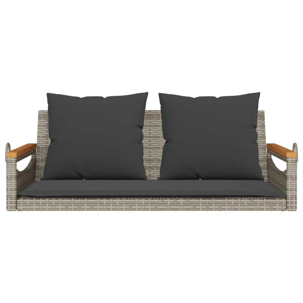 Gecheer Panchina Dondolo in Polyrattan Grigia 109x62x40 cm con Cuscini, Funzione Oscillante, Struttura in Acciaio Verniciato e Legno di Acacia, per Giardino Esterno
