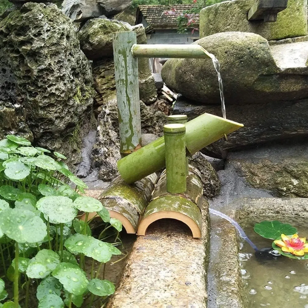 Fontana a Cascata per laghetto da Giardino, Kit Fontana Solare in bambù con Pannello Solare, Fontana in bambù per Esterni per Giardino Giapponese, 100% Fatta a Mano,30CM