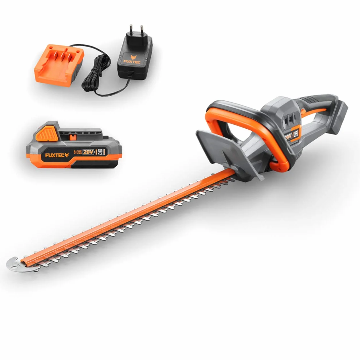 Fuxtec Tagliasiepi a Batteria 20V FX-E1HS20 - Kit incl. Batteria e Caricabatterie -Lunghezza di Taglio di 520mm per Rami Fino a 15mm di Diametro- Una Batteria per Tutti i dispositivi a 20V.