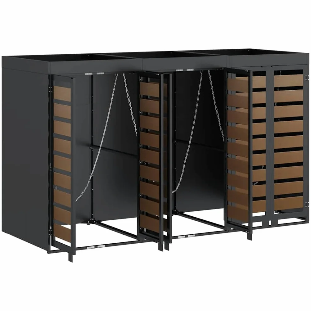 Copribidoni per 3 Bidoni di Spazzatura Contenitori Pattumiera Cassonetti Rifiuti 240 L Box in Acciaio Antracite/Aspetto Larice Coperchio Bidone Resistente 3 Porte