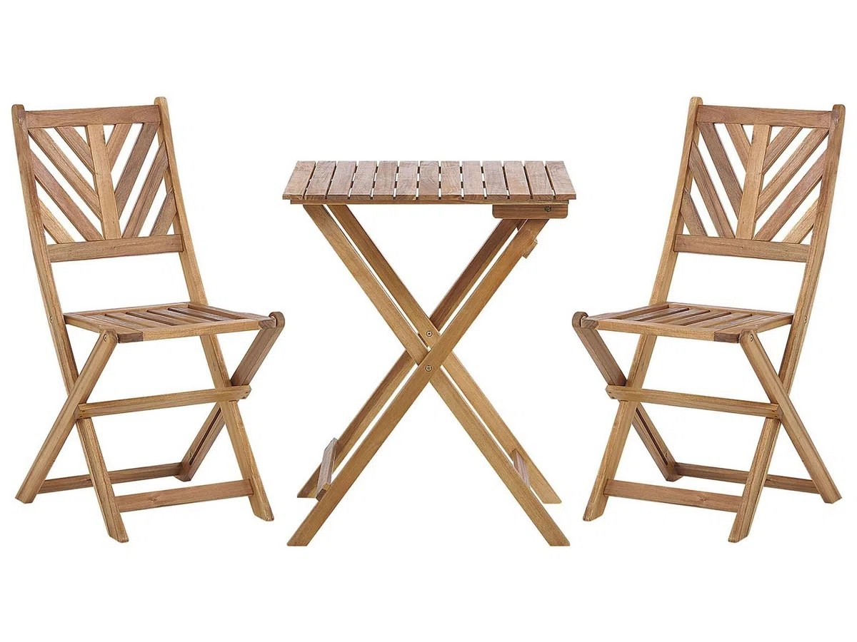 Beliani Set Legno Massiccio di Acacia Chiaro con 2 Sedie e Tavolino Pieghevoli