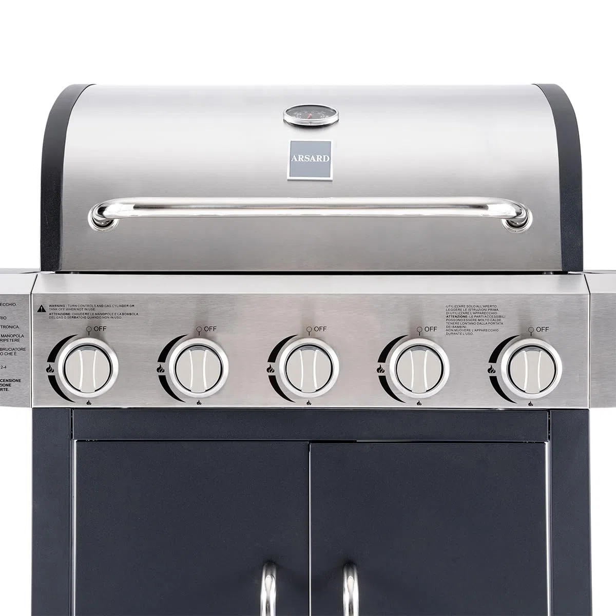 Arsard Barbecue a Gas Professionale XXL Con 6 Fuochi Multifunzione Da 19 KW, Completo Di Bruciatore Laterale, Coperchio, Termometro, Griglia In Ghisa, Ruote, Portabombola E Struttura In Acciaio Inox