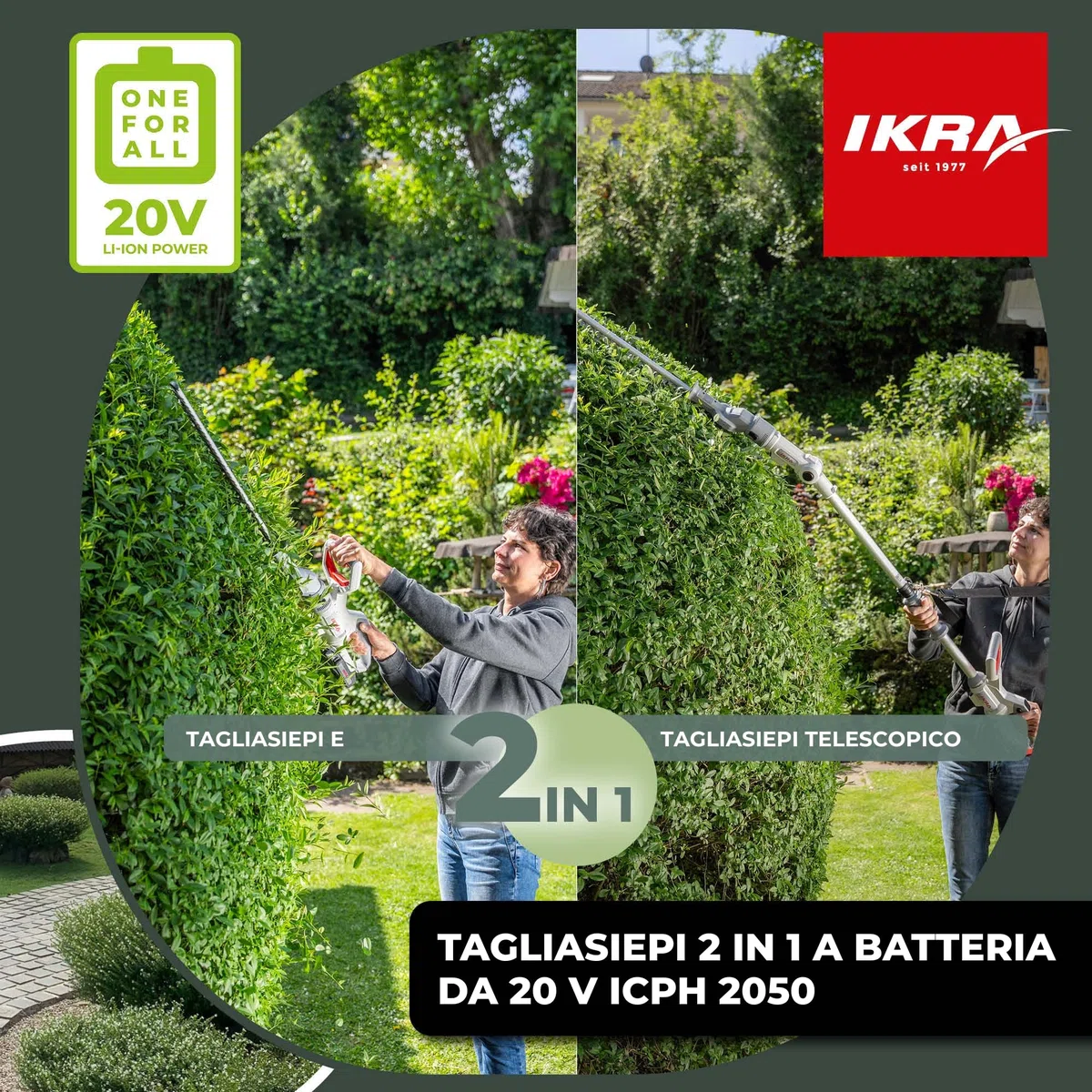 IKRA tagliasiepi ICPH 2050 2in1 con asta telescopica, incl. 2 batterie 20V 2,0Ah, stazione di ricarica rapida e tracolla