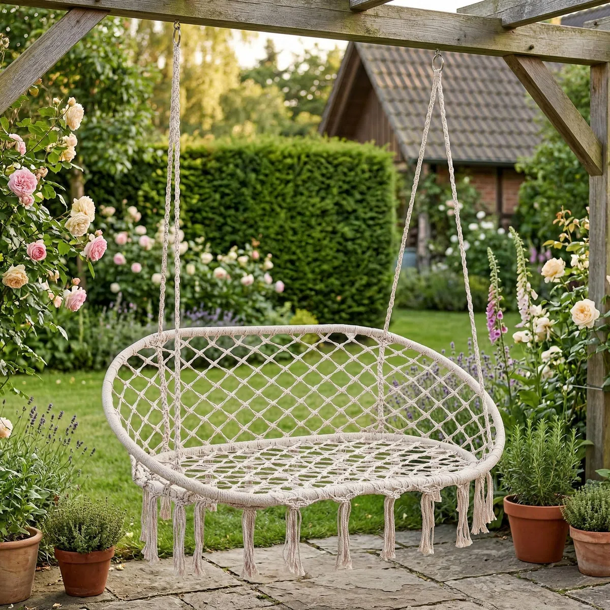 casa.pro Panca Sospesa per Esterni e Interni Altalena da Giardino per 2 Persone in Stile Boho 135x129x65 cm Intreccio in Corda Poltrona Dondolo Fino a 200 kg - Bianco Crema